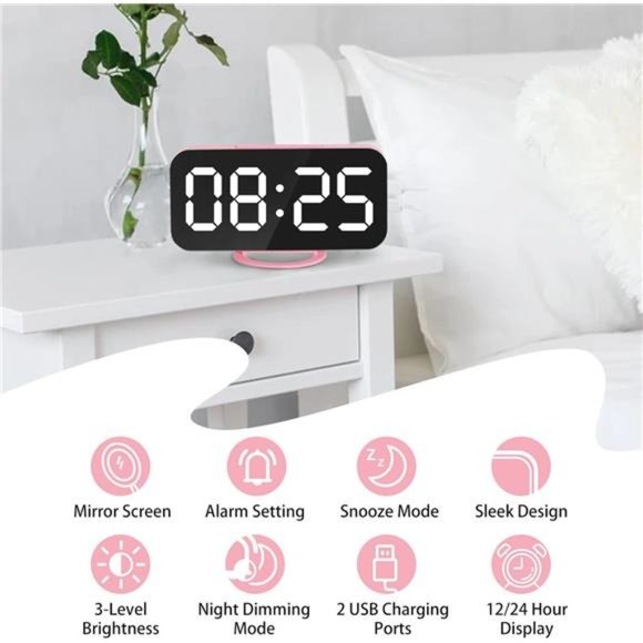 Digital Alarm Clock,Large LED Mirror Display,2USB Charging Ports,Auto Brightness - Picture 3 of 5